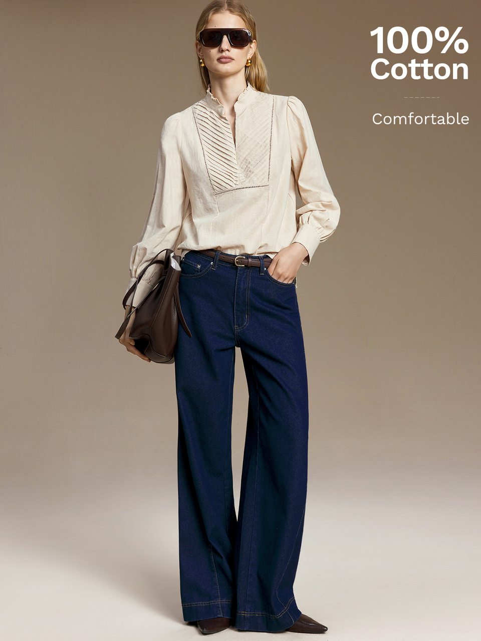 Solid Notched Neck Lantern Sleeve Blouse