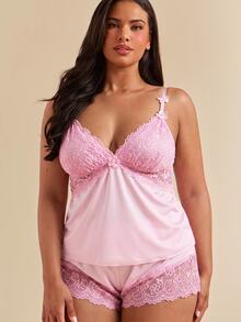 SHEIN BAE CURVE Plus Size Lace Patchwork Elastic Knit Sexy Backless Camisole & Shorts Pajama Set - Baby Pink - View 6