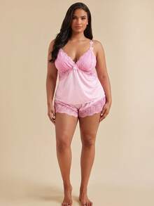 SHEIN BAE CURVE Plus Size Lace Patchwork Elastic Knit Sexy Backless Camisole & Shorts Pajama Set - Baby Pink - View 3