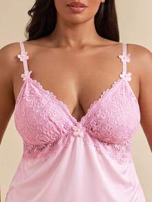 SHEIN BAE CURVE Plus Size Lace Patchwork Elastic Knit Sexy Backless Camisole & Shorts Pajama Set - Baby Pink - View 7