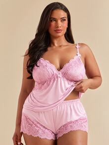 SHEIN BAE CURVE Plus Size Lace Patchwork Elastic Knit Sexy Backless Camisole & Shorts Pajama Set - Baby Pink - View 1