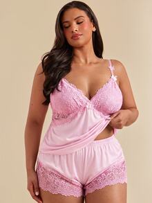 SHEIN BAE CURVE Plus Size Lace Patchwork Elastic Knit Sexy Backless Camisole & Shorts Pajama Set - Baby Pink - View 4