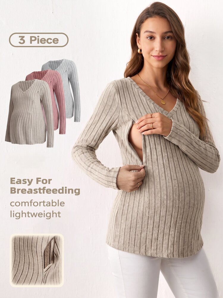 Modmama 3pcs Maternity Casual Simple Solid Color Nursing Tops Set For Autumn Dates Photoshoot Gender Reveal Dusty Blue Silver Fall Grey Formal - Multicolor - View 2