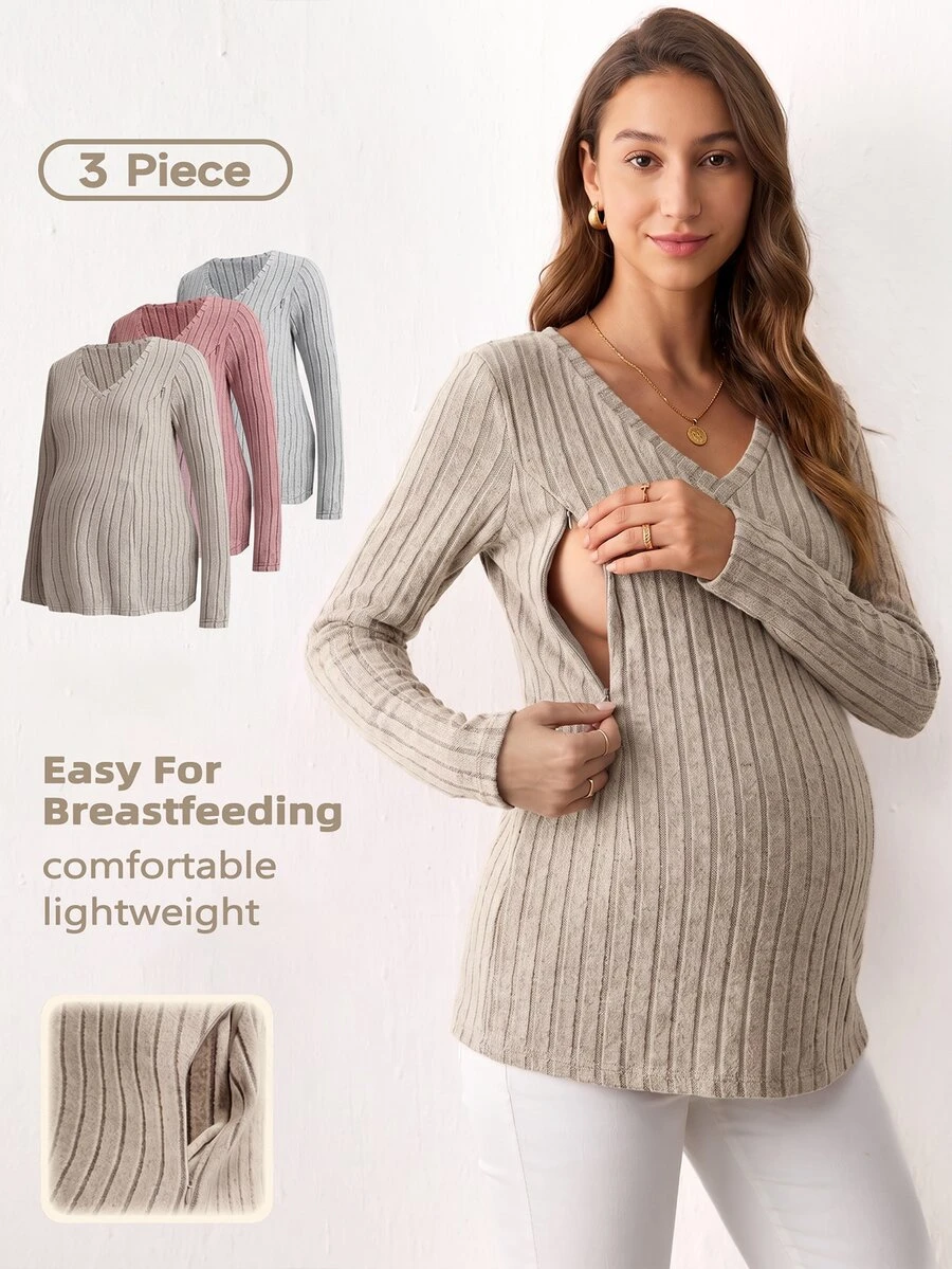 Modmama 3pcs Maternity Casual Simple Solid Color Nursing Tops Set For Autumn Dates Photoshoot Gender Reveal Dusty Blue Silver Fall Grey Formal - Multicolor - View 1