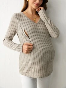 Modmama 3件組孕婦休閒簡約純色哺乳上衣套裝，適合秋季約會、拍照、性別揭曉，灰藍色、銀色、秋季灰色，正式款 - 彩色 - 查看 5