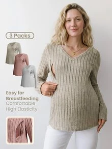 Modmama 3件組孕婦休閒簡約純色哺乳上衣套裝，適合秋季約會、拍照、性別揭曉，灰藍色、銀色、秋季灰色，正式款 - 彩色 - 查看 1