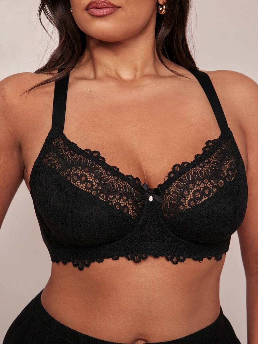 SHEIN BAE CURVE 1件加大码蕾丝拼接钢圈内衣文胸,提拉 - 黑色 - 查看 1