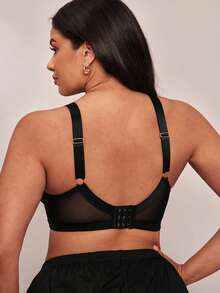 SHEIN BAE CURVE 1件加大码蕾丝拼接钢圈内衣文胸，提拉 - 黑色 - 查看 2