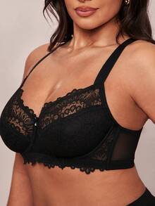 SHEIN BAE CURVE 1件加大码蕾丝拼接钢圈内衣文胸，提拉 - 黑色 - 查看 6