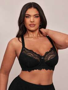 SHEIN BAE CURVE 1件加大码蕾丝拼接钢圈内衣文胸，提拉 - 黑色 - 查看 5