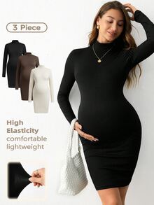 Modmama Maternity Solid Color High Neck Long Sleeve Slim Fit Casual Dress Fall - Multicolor - View 2