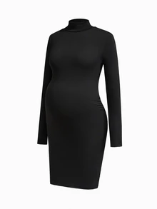 Modmama Maternity Solid Color High Neck Long Sleeve Slim Fit Casual Dress Fall - Multicolor - View 8