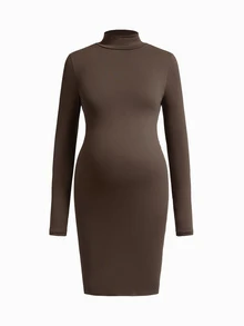 Modmama Maternity Solid Color High Neck Long Sleeve Slim Fit Casual Dress Fall - Multicolor - View 10