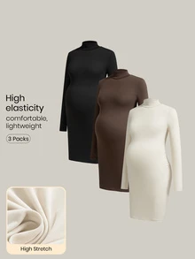 Modmama Maternity Solid Color High Neck Long Sleeve Slim Fit Casual Dress Fall - Multicolor - View 3