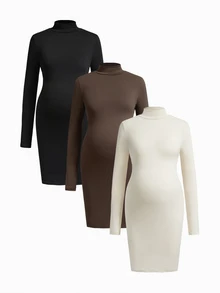 Modmama Maternity Solid Color High Neck Long Sleeve Slim Fit Casual Dress Fall - Multicolor - View 16