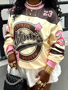 Rovax Y2K Streetwear 复古字母与数字徽章数码印花女式圆领运动衫 - 卡其色 - 查看 3