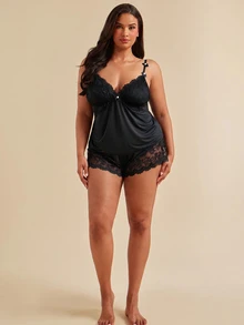 SHEIN BAE CURVE Plus Size Lace Patchwork Elastic Knit Sexy Backless Camisole & Shorts Pajama Set Lingerie Short Set Lingerie Sleep Set - Black - View 3