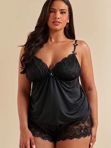 SHEIN BAE CURVE Plus Size Lace Patchwork Elastic Knit Sexy Backless Camisole & Shorts Pajama Set Lingerie Short Set Lingerie Sleep Set - Black - View 6