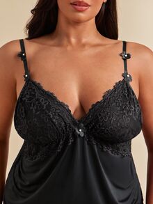 SHEIN BAE CURVE Plus Size Lace Patchwork Elastic Knit Sexy Backless Camisole & Shorts Pajama Set Lingerie Short Set Lingerie Sleep Set - Black - View 7