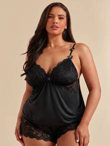 SHEIN BAE CURVE Plus Size Lace Patchwork Elastic Knit Sexy Backless Camisole & Shorts Pajama Set Lingerie Short Set Lingerie Sleep Set - Black - View 5