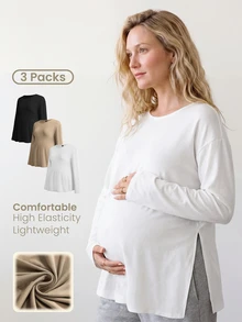 Modmama Maternity Casual Solid Color Side Slit T-Shirt For Autumn Fall - Multicolor - View 1