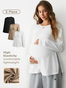 Modmama Maternity Casual Solid Color Side Slit T-Shirt For Autumn Fall - Multicolor - View 2