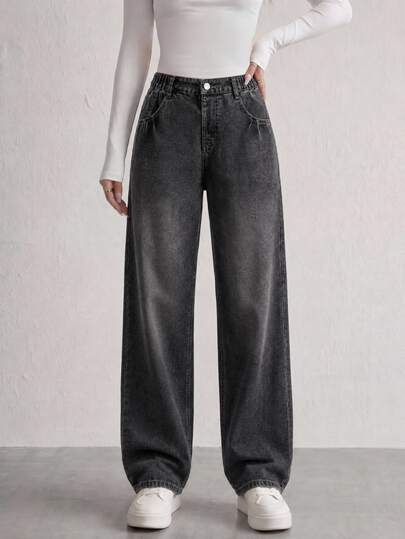 Sparklyn TEEN GIRLS Loose Straight Leg Jeans With Elastic Waistband, Light Blue Washed Denim With Cat Whisker Effect, Casual Fashion Minimalist Style, Wide Leg Fit, Lightweight Soft Comfortable Premium Cotton Denim Fabric, Versatile For Daily Wear, Pair With T-Shirts And Crop Tops, Suitable For Summer Vacation, Daily Outings, Commuting, Gatherings, Summer Denim Vacation Outfit