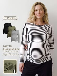 Modmama Maternity Nursing Striped Colorblock Long Sleeve Top Fall - Multicolor - View 1
