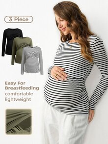 Modmama Maternity Nursing Striped Colorblock Long Sleeve Top Fall - Multicolor - View 2
