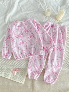 2件組秋冬少女睡衣套裝，粉色法蘭絨蝴蝶結兔子印花，柔軟舒適長袖上衣與長褲，冬季居家服 - 粉色 - 查看 2