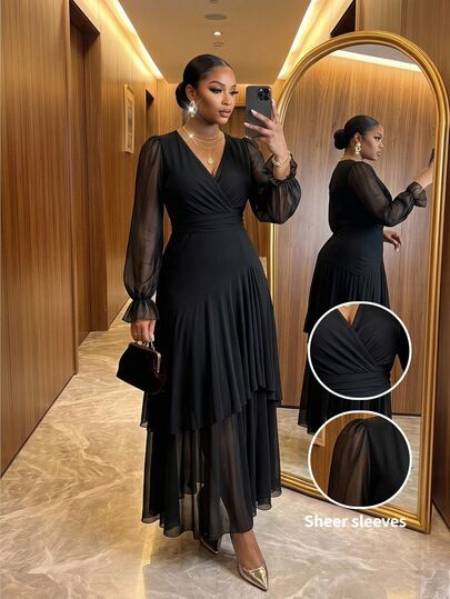 SHEIN Lady Vestido de mujer talla grande color liso con cuello en V superpuesto elegante normal negro otoño vestido transparente con abertura en el bajo fruncido estilo bohemio cumpleaños diva formal otoño