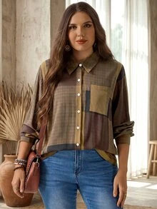 EMERY ROSE Plus Size Long Sleeve Casual Striped Shirt,Fall Women Clothes - Multicolor - View 4