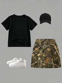 SHEIN 2件組青少年女孩休閒時尚蝴蝶結與葉子滿版印花設計，短袖圓領T恤搭配拼接工裝短褲，舒適時尚女孩套裝，休閒穿著，春夏套裝，新風格，放鬆舒適，春季氛圍，休閒夏季假期 - 彩色 - 查看 3