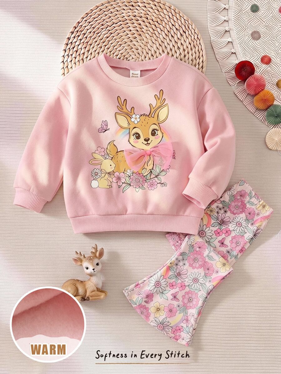 Cozy Pixies بلوزة رياضية وبنطال برسومات كرتونية وفيونكة أمامية للبنات الصغيرات - وردي - مشاهدة 1
