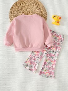 Cozy Pixies 女嬰卡通圖案蝴蝶結前襟運動衫與長褲套裝 - 粉色 - 查看 2