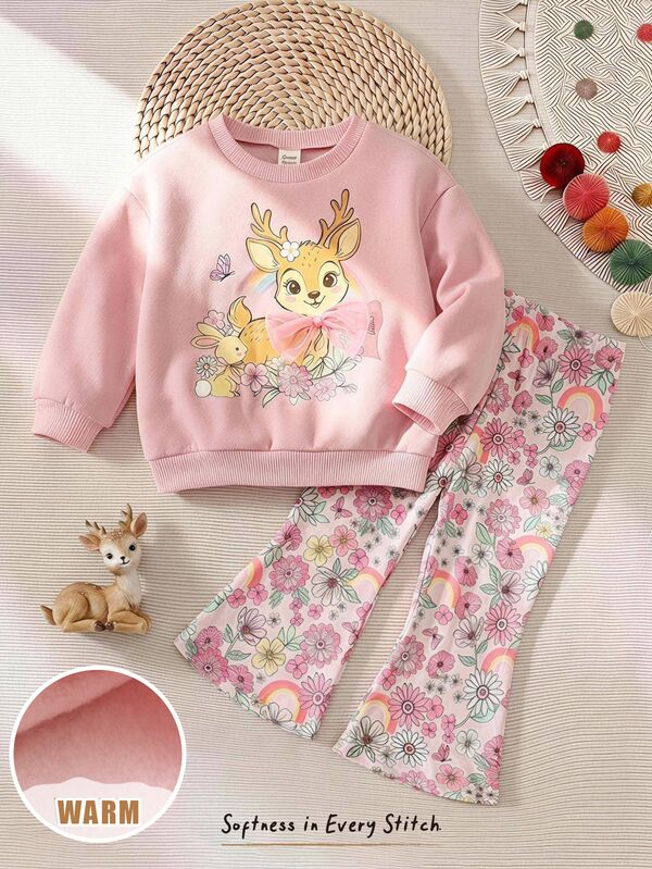 Cozy Pixies Baby Girl Cartoon Graphic Bow Front Sweatshirt & Pants