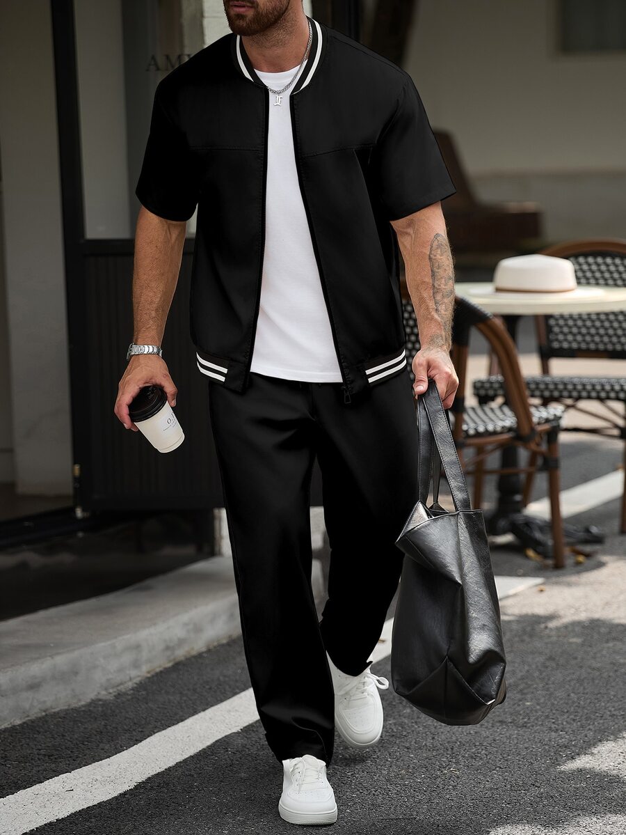 Manfinity CasualCool Chaqueta Bomber con Ribete a Rayas & Pantalones para Hombre sin Camiseta - Negro - Ver 1