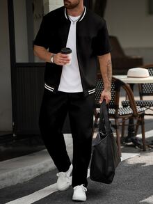 Manfinity CasualCool Chaqueta Bomber con Ribete a Rayas & Pantalones para Hombre sin Camiseta - Negro - Ver 3