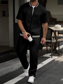 Manfinity CasualCool Chaqueta Bomber con Ribete a Rayas & Pantalones para Hombre sin Camiseta - Negro - Ver 7