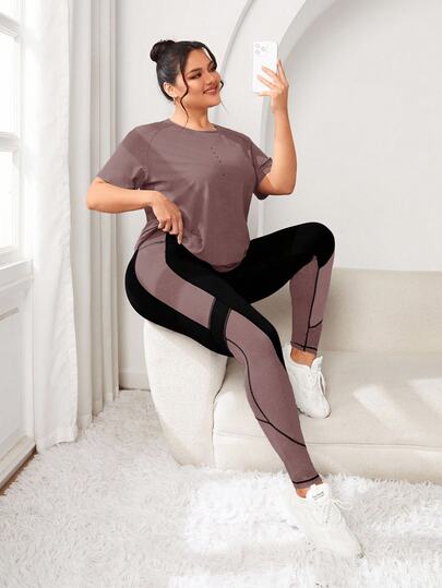 Rhythm Era Plus Size Women's Round Neck Raglan Sleeve Casual Summer Black Athletic Pilates Yoga Set,Slim Fit Contrast Color Top And Activewear Legging Set