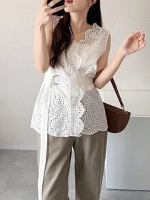 FRIFUL 女款夏季新款棉質刺繡腰綁帶休閒優雅百搭襯衫，適合雞尾酒會與正式場合，白色 - 白色 - 查看 8