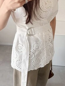 FRIFUL 女款夏季新款棉質刺繡腰綁帶休閒優雅百搭襯衫，適合雞尾酒會與正式場合，白色 - 白色 - 查看 7