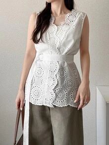 FRIFUL 女款夏季新款棉質刺繡腰綁帶休閒優雅百搭襯衫，適合雞尾酒會與正式場合，白色 - 白色 - 查看 10