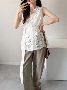 FRIFUL 女款夏季新款棉質刺繡腰綁帶休閒優雅百搭襯衫，適合雞尾酒會與正式場合，白色 - 白色 - 查看 6