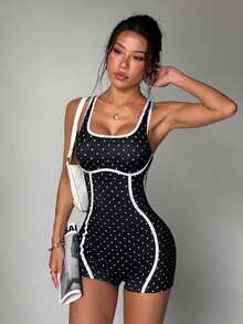 SHEIN Dewbera Women's Polka Dot Casual Daily Outdoor Sports Romper - Black and White - View 1