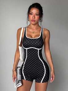 SHEIN Dewbera Women's Polka Dot Casual Daily Outdoor Sports Romper - Black and White - View 5