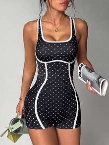 SHEIN Dewbera Women's Polka Dot Casual Daily Outdoor Sports Romper - Black and White - View 7