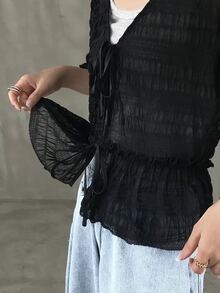 FRIFUL Women's Sheer Textured Fabric Tie-Up Layering Casual Loose Versatile Top Summer Vacation - Black - View 10
