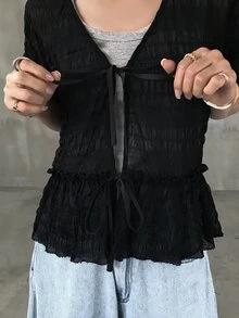 FRIFUL Women's Sheer Textured Fabric Tie-Up Layering Casual Loose Versatile Top Summer Vacation - Black - View 8