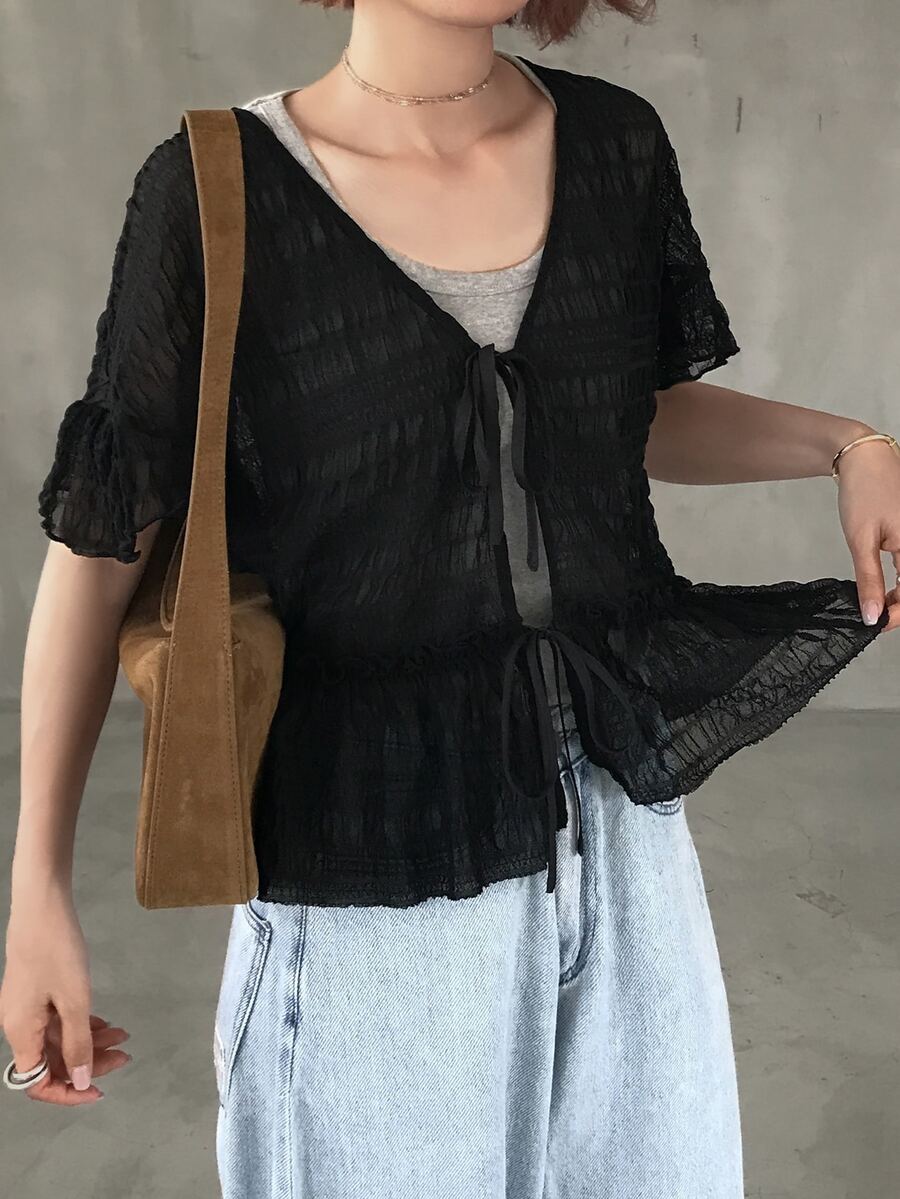 FRIFUL Women's Sheer Textured Fabric Tie-Up Layering Casual Loose Versatile Top Summer Vacation - Black - View 1
